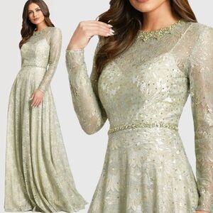 Mac Duggal 491881 Womens Sage Green Gold Long Sleeve Floral Lace Gown Dress